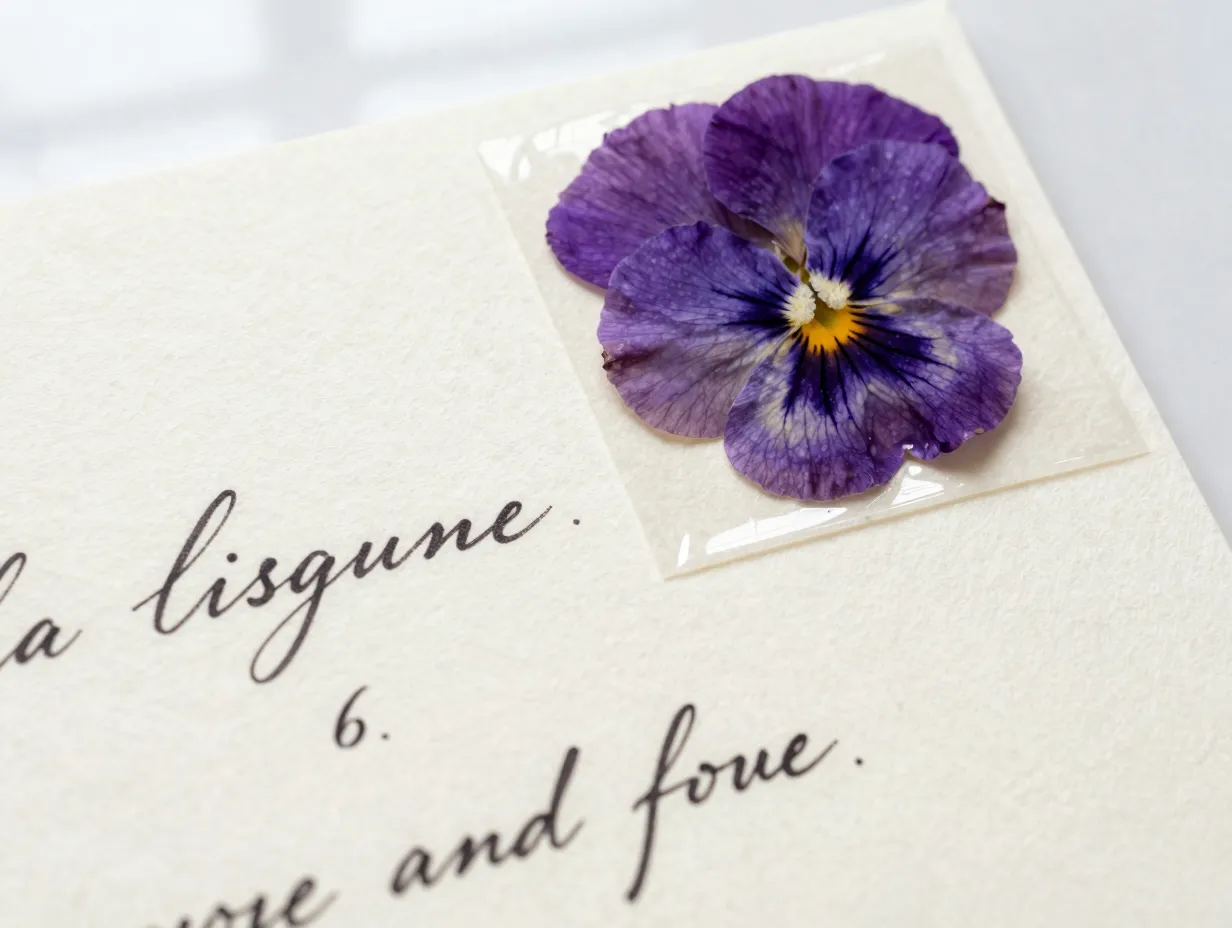 Pressed flower invitation with dried pansy and calligraphy text