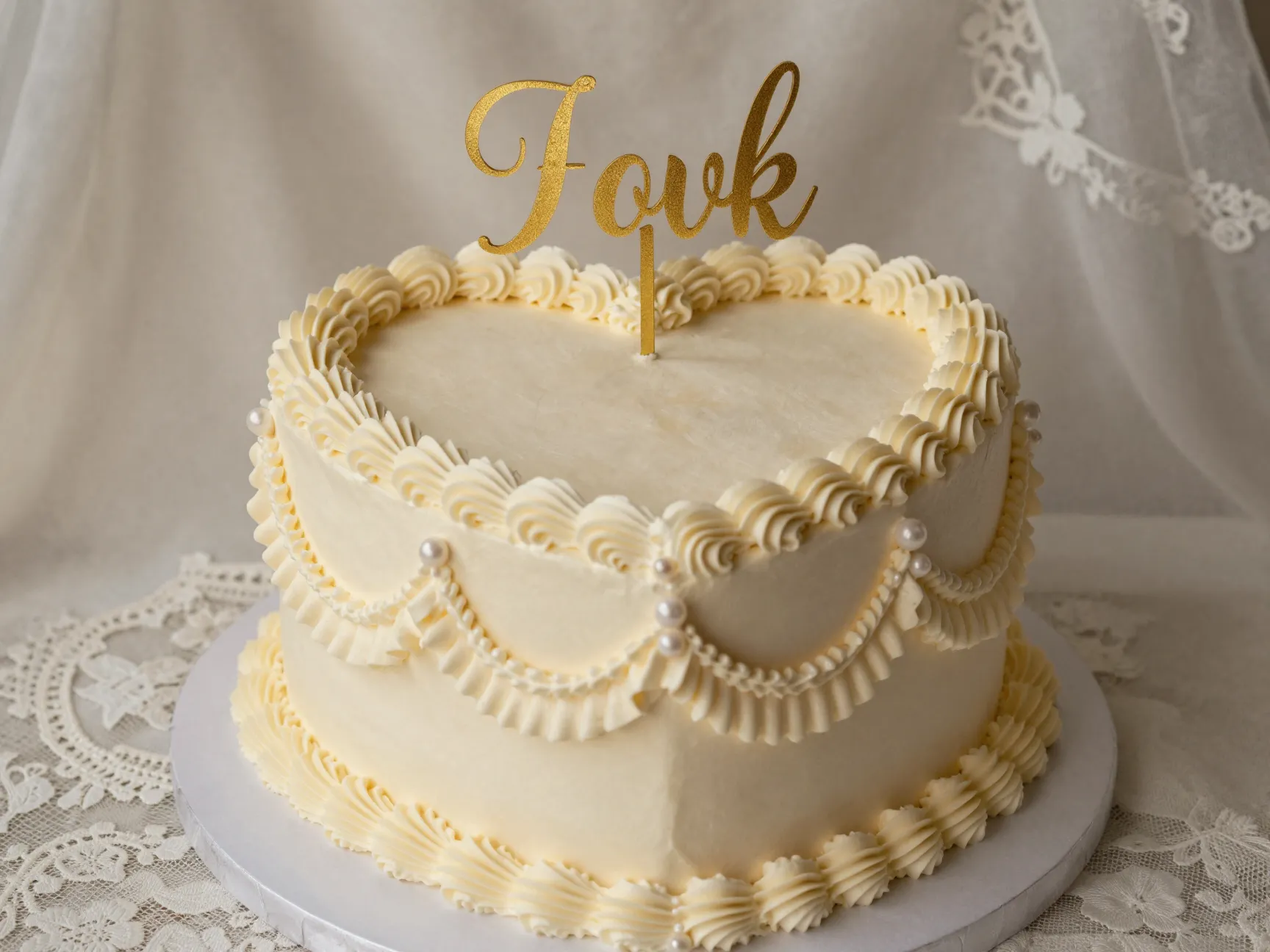 Vintage heart shaped wedding cake with gold leaf monogram