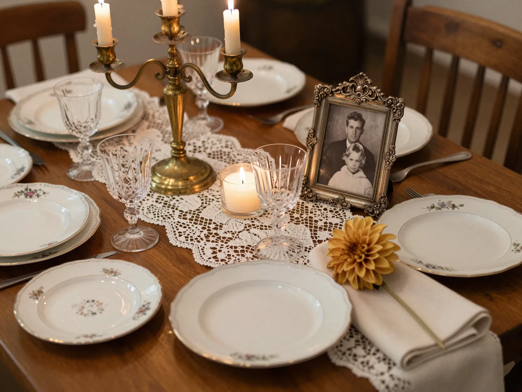 Vintage mismatched china and candelabra tablescape details