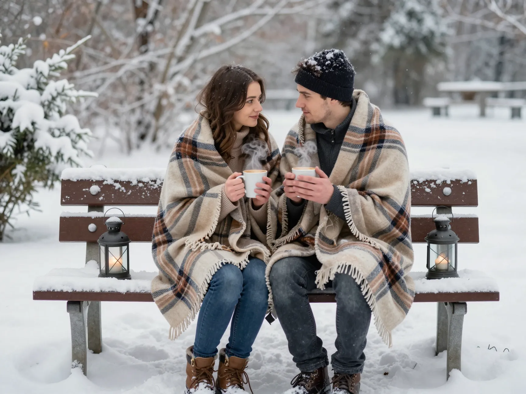 Couple sharing blanket on snow covered bench with steaming mugs
