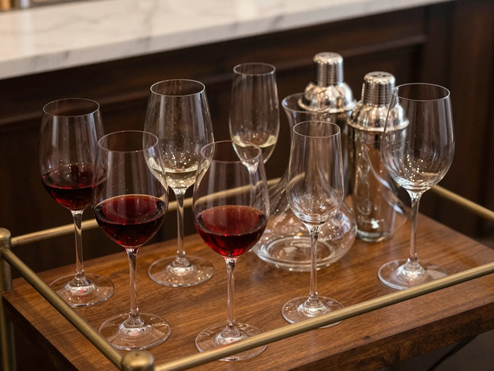 Elegant red and white wine glasses with bar accessories