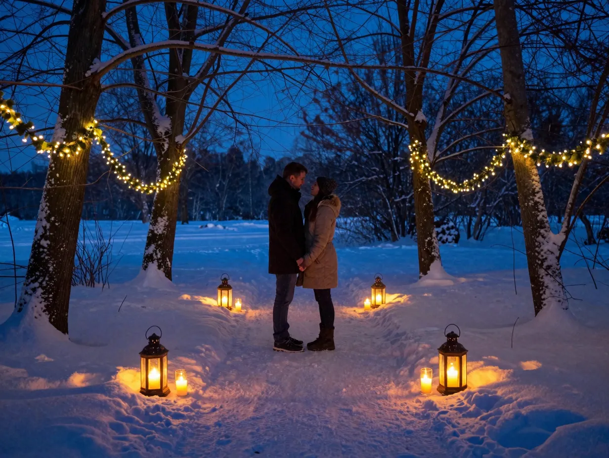 Couple surrounded by lanterns candles in blue hour twilight