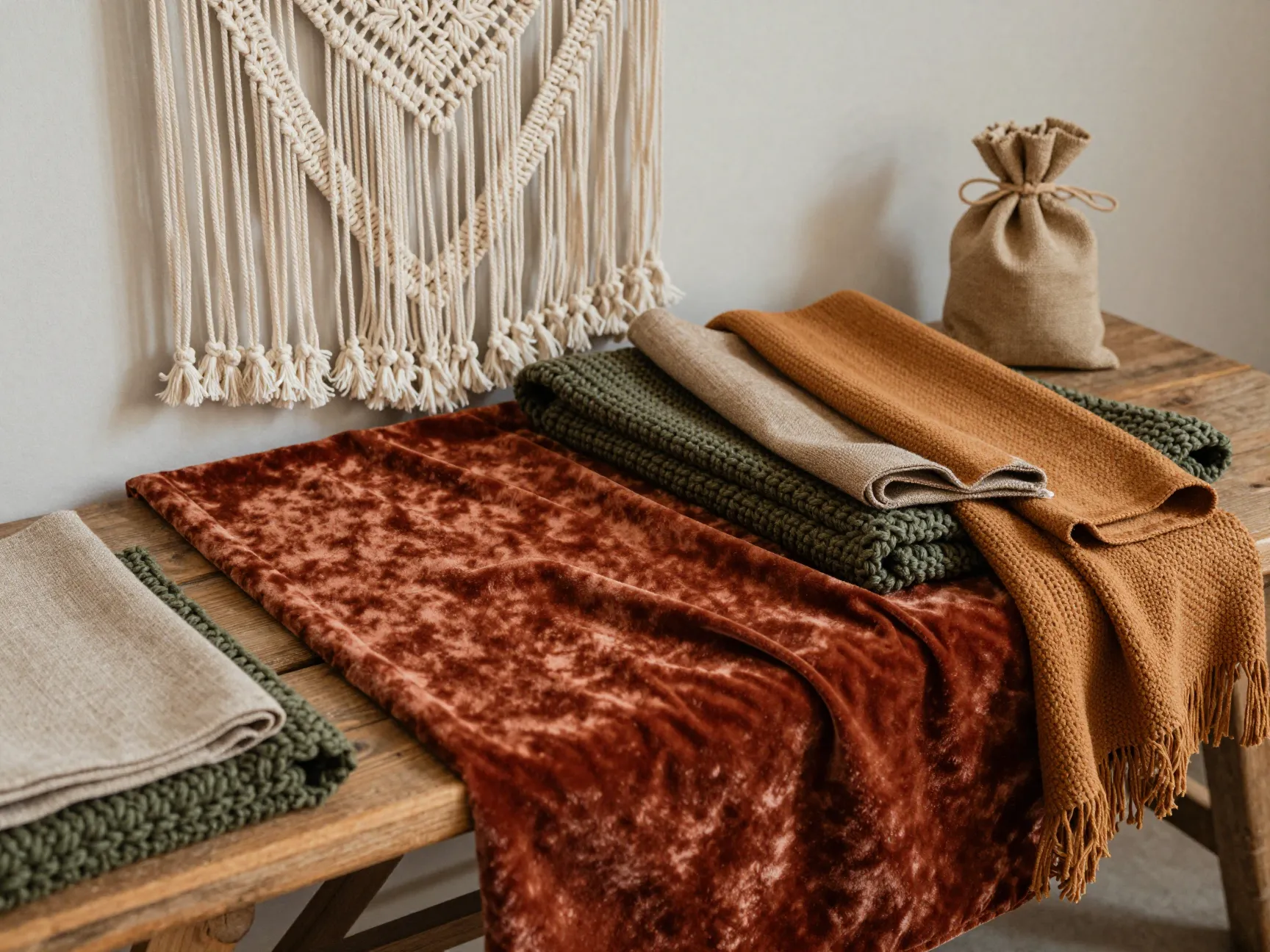 Cozy textile layering with velvet runner and knit blankets