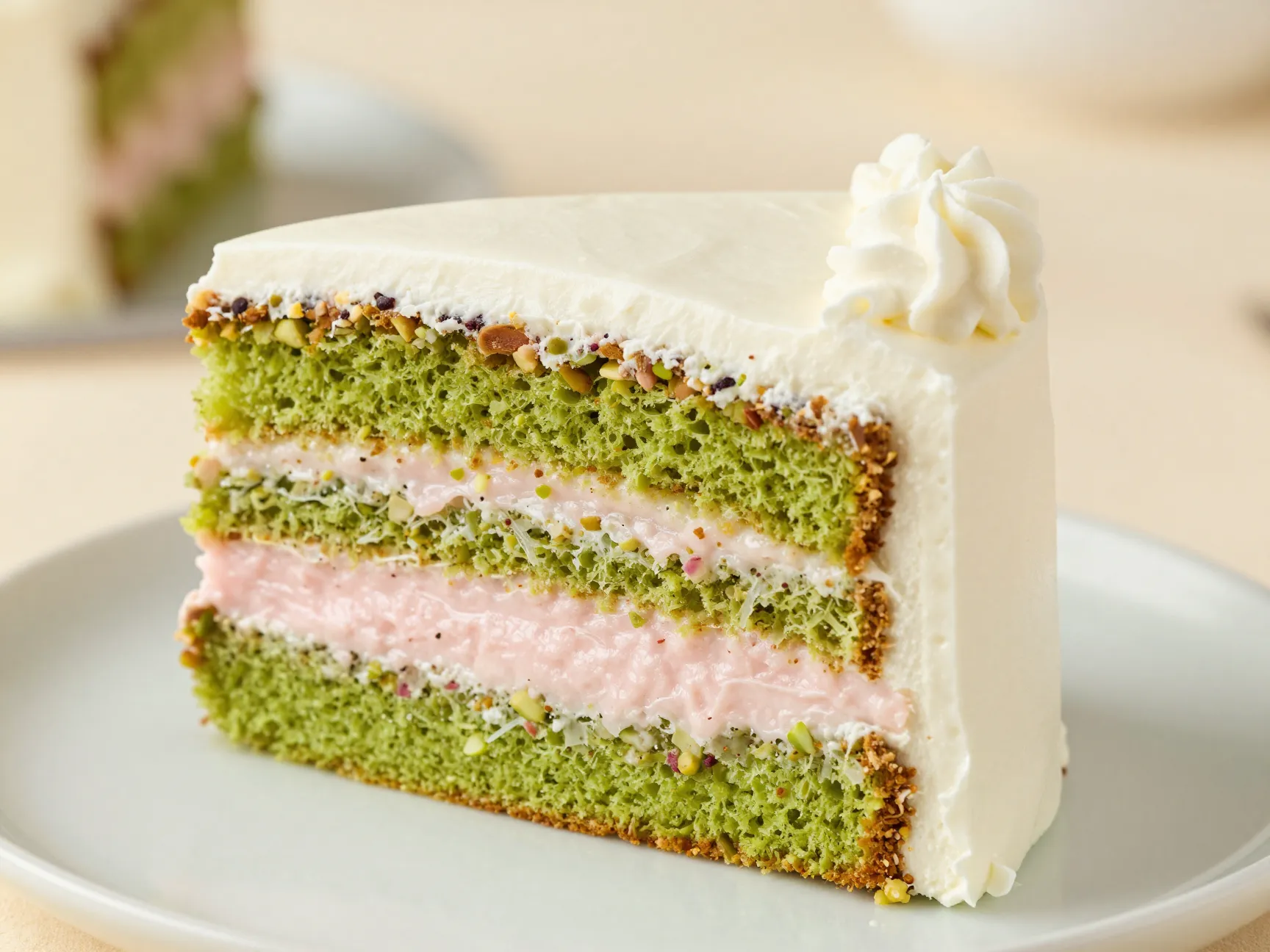 Cross section slice of pistachio wedding cake with rose buttercream