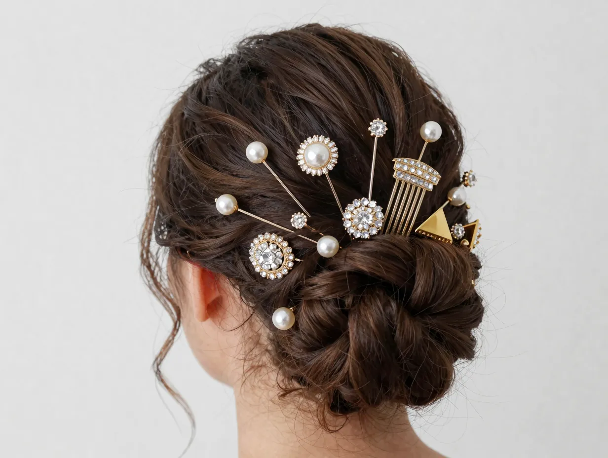 Jewelry loving bride low bun adorned decorative pins gallery