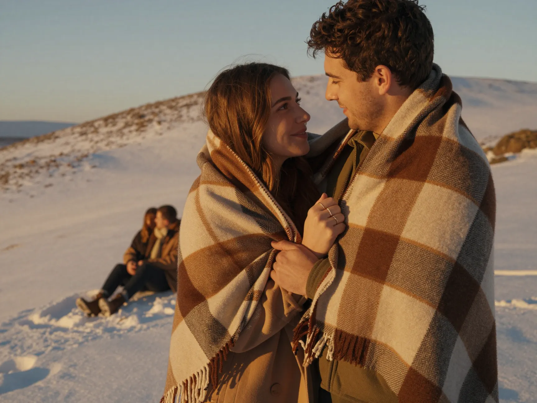 Couple wrapped in plaid blanket on snowy hillside golden hour