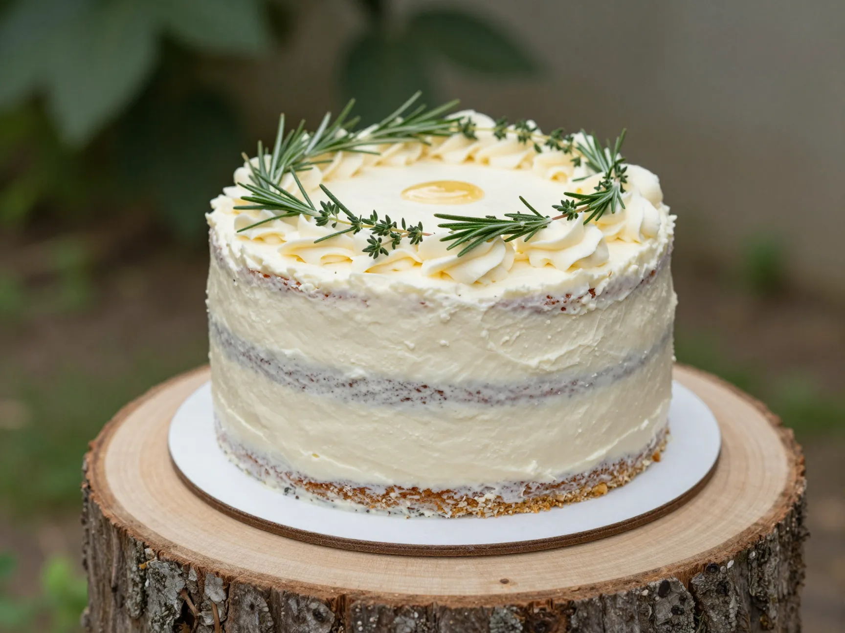 Minimalist naked wedding cake with fresh herb garnishes