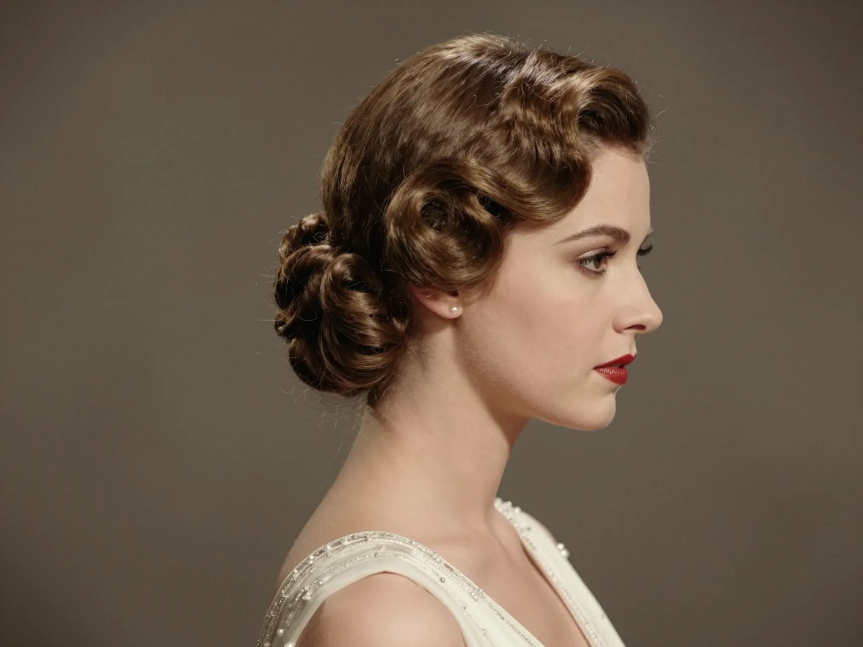 Vintage wedding bride low chignon finger waves side part