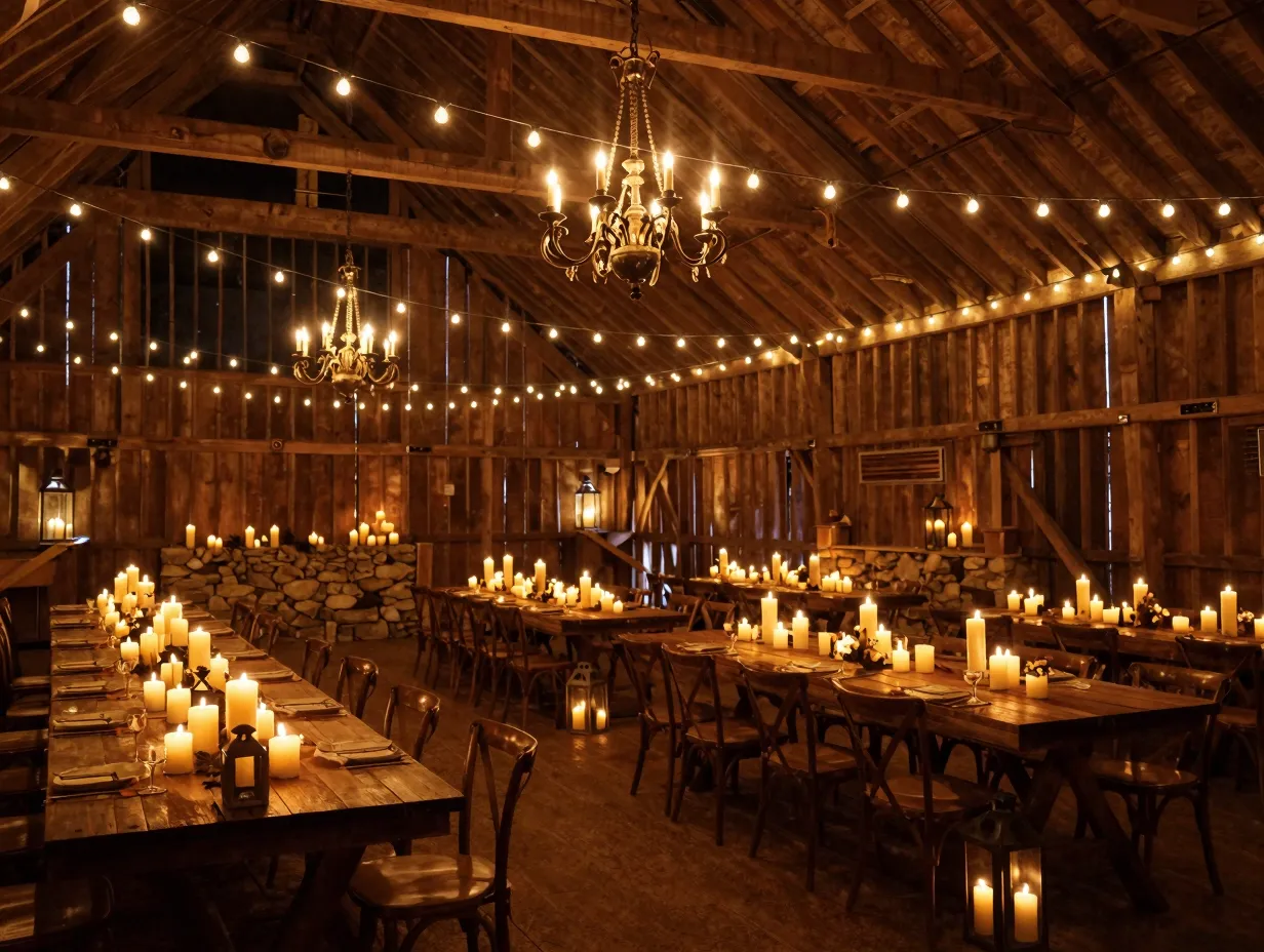 Warm layered ambiance with string lights and candlelit chandelier