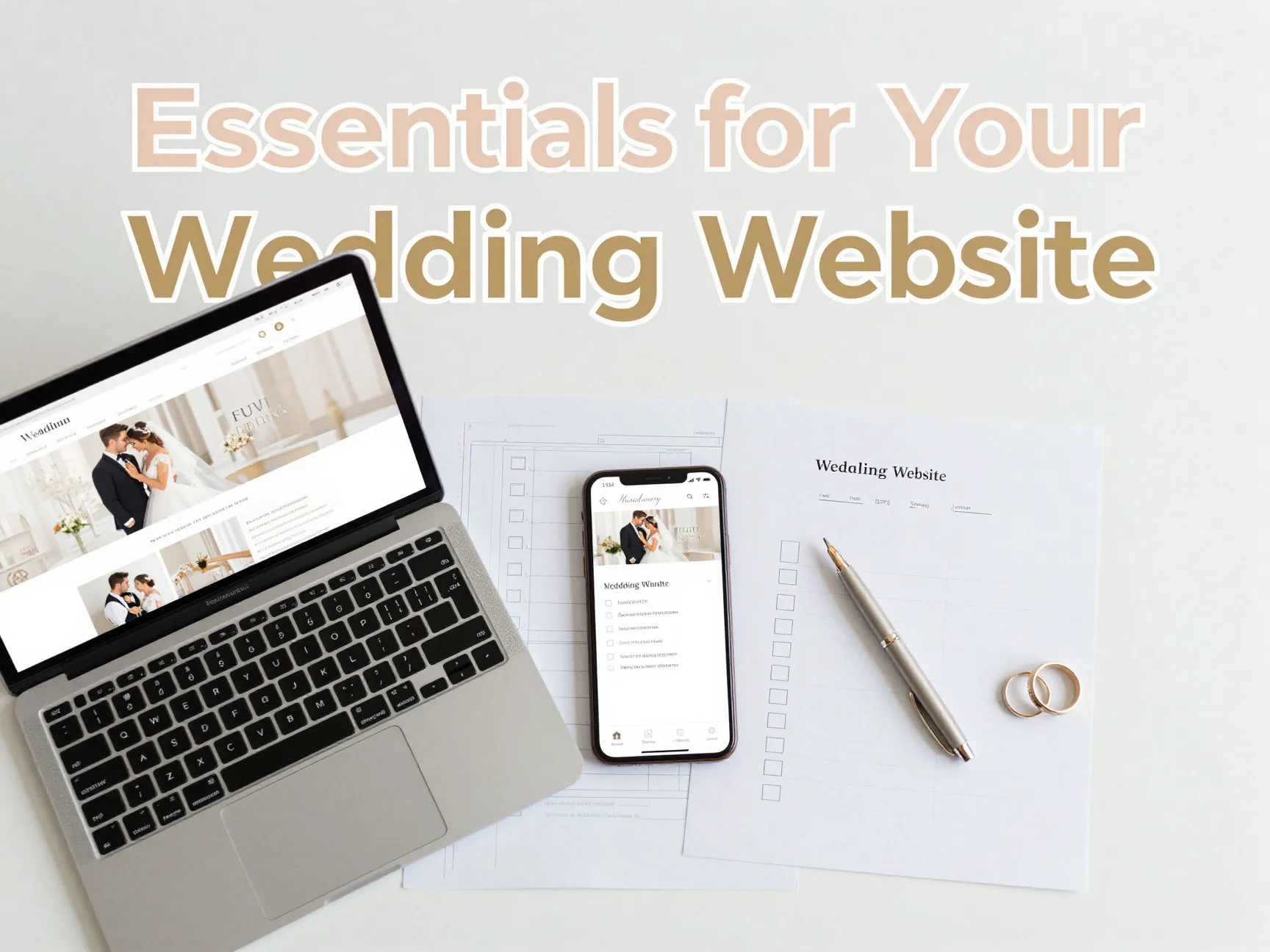 Essential wedding planner website template features laptop smartphone checklist