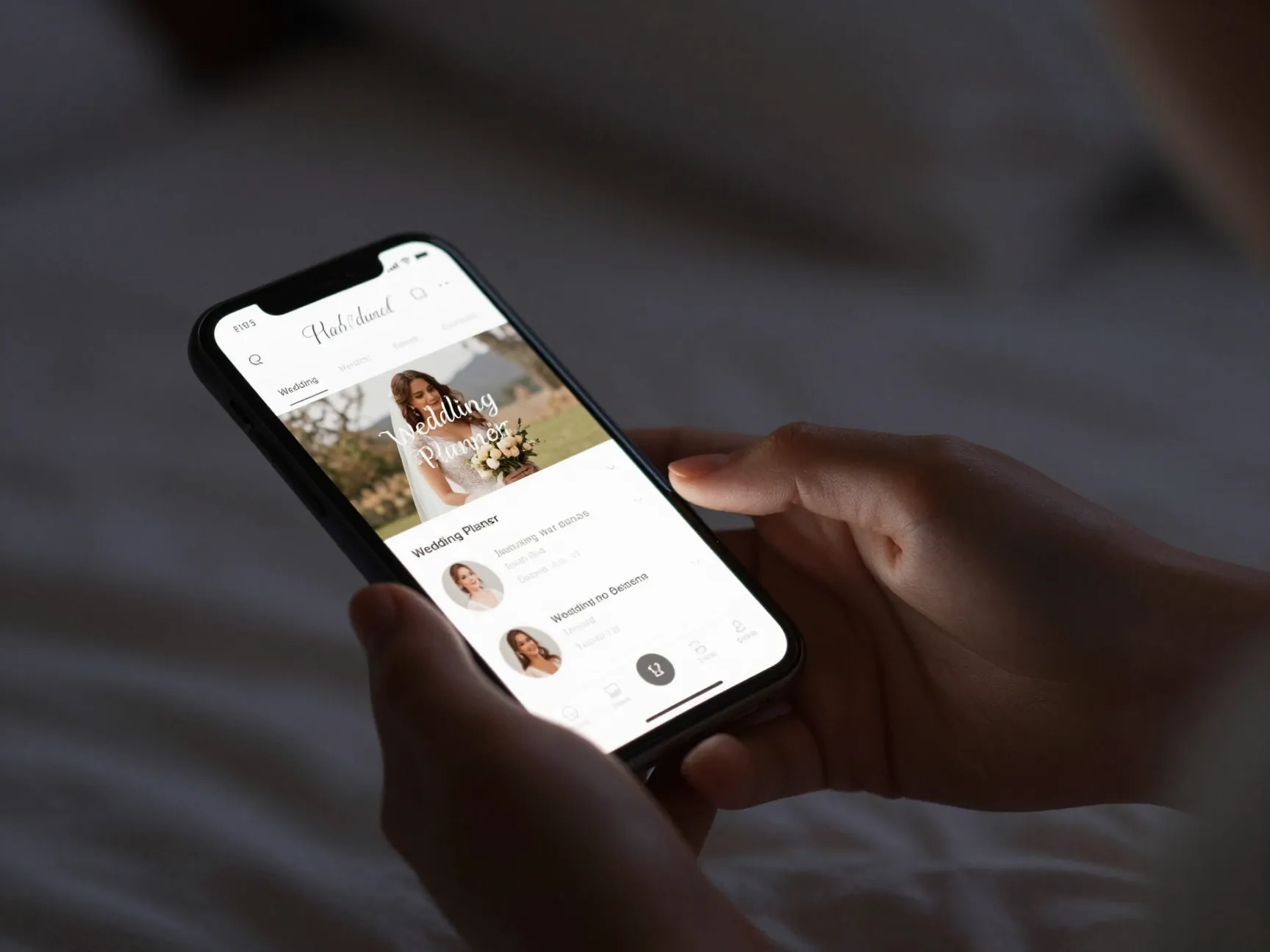 Bride scrolling wedding planner site on smartphone at night