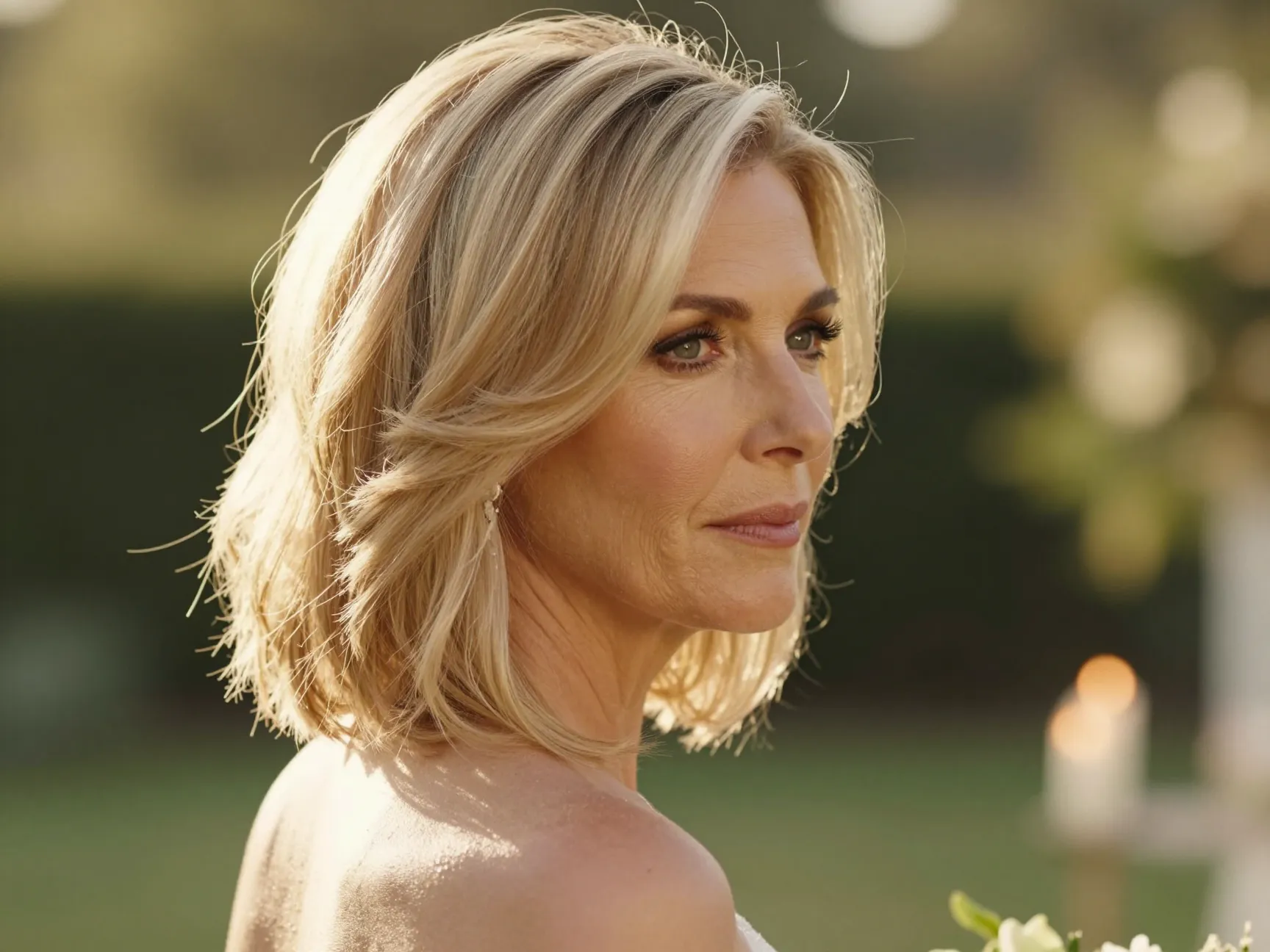 Golden blonde layered bob at soft lit garden wedding ceremony