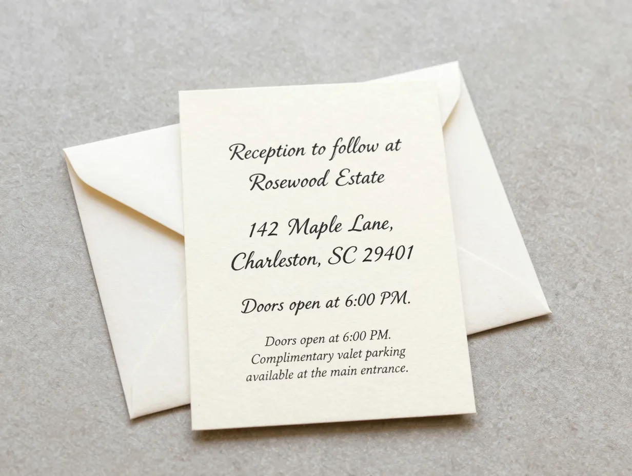 Reception location and timing details card with venue address and parking