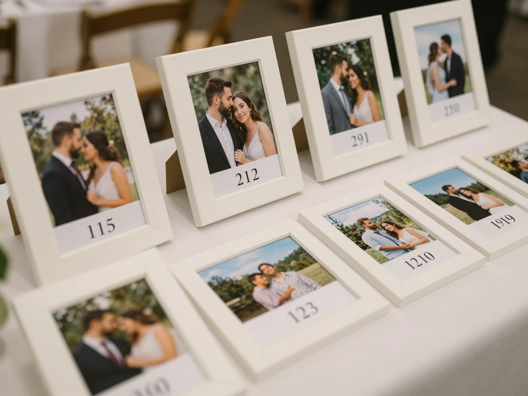 Framed couple photos table number timeline relationship story display