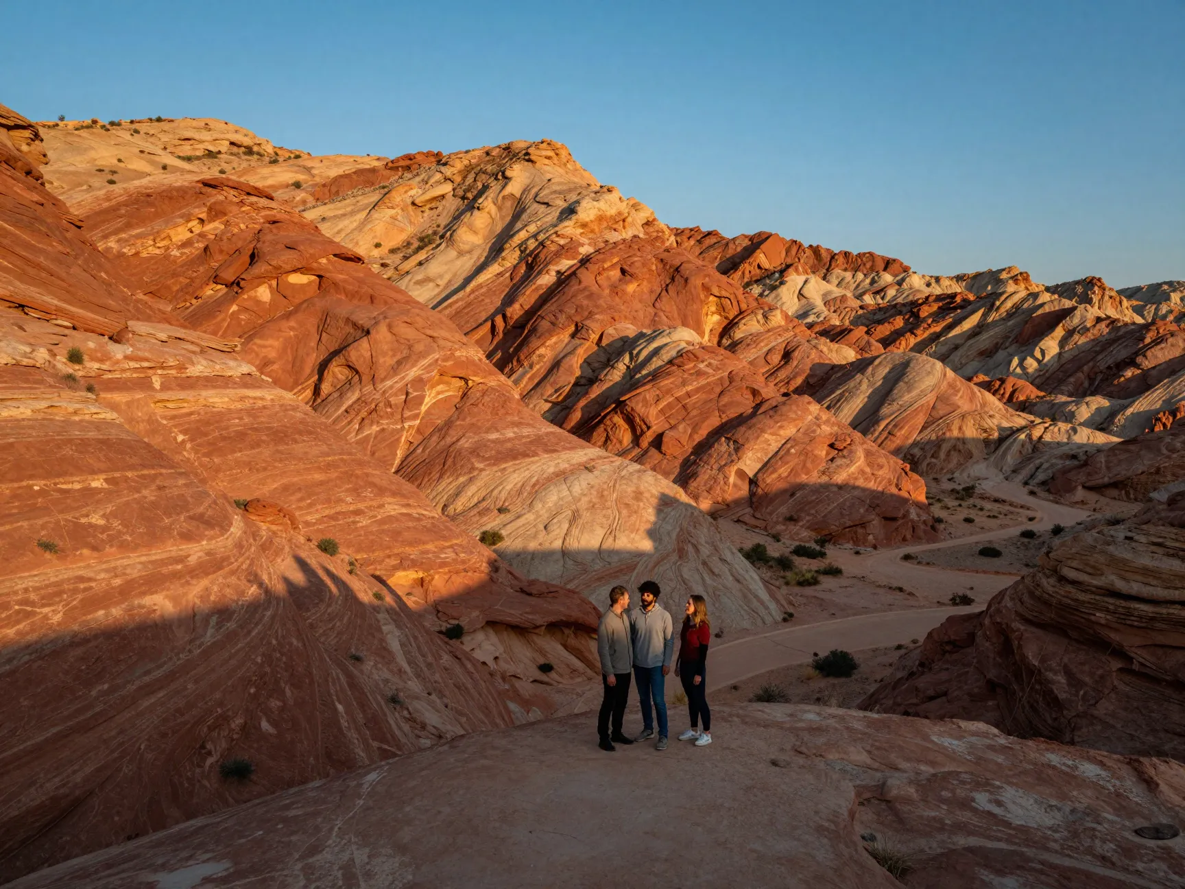 Red rock canyon calico hills layered rock formations during golden hour