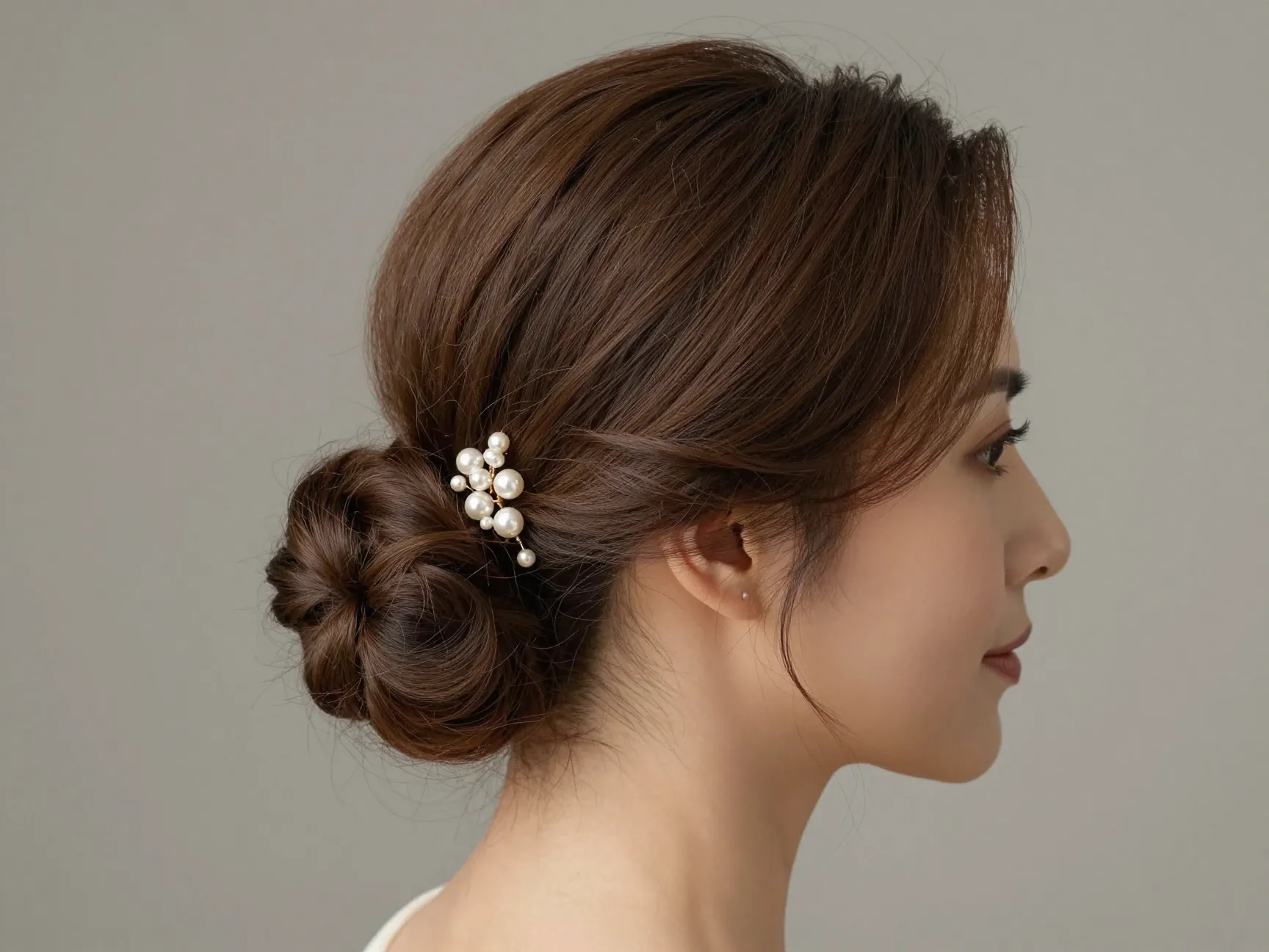 Soft chignon grace with delicate pearl hairpin and side waves