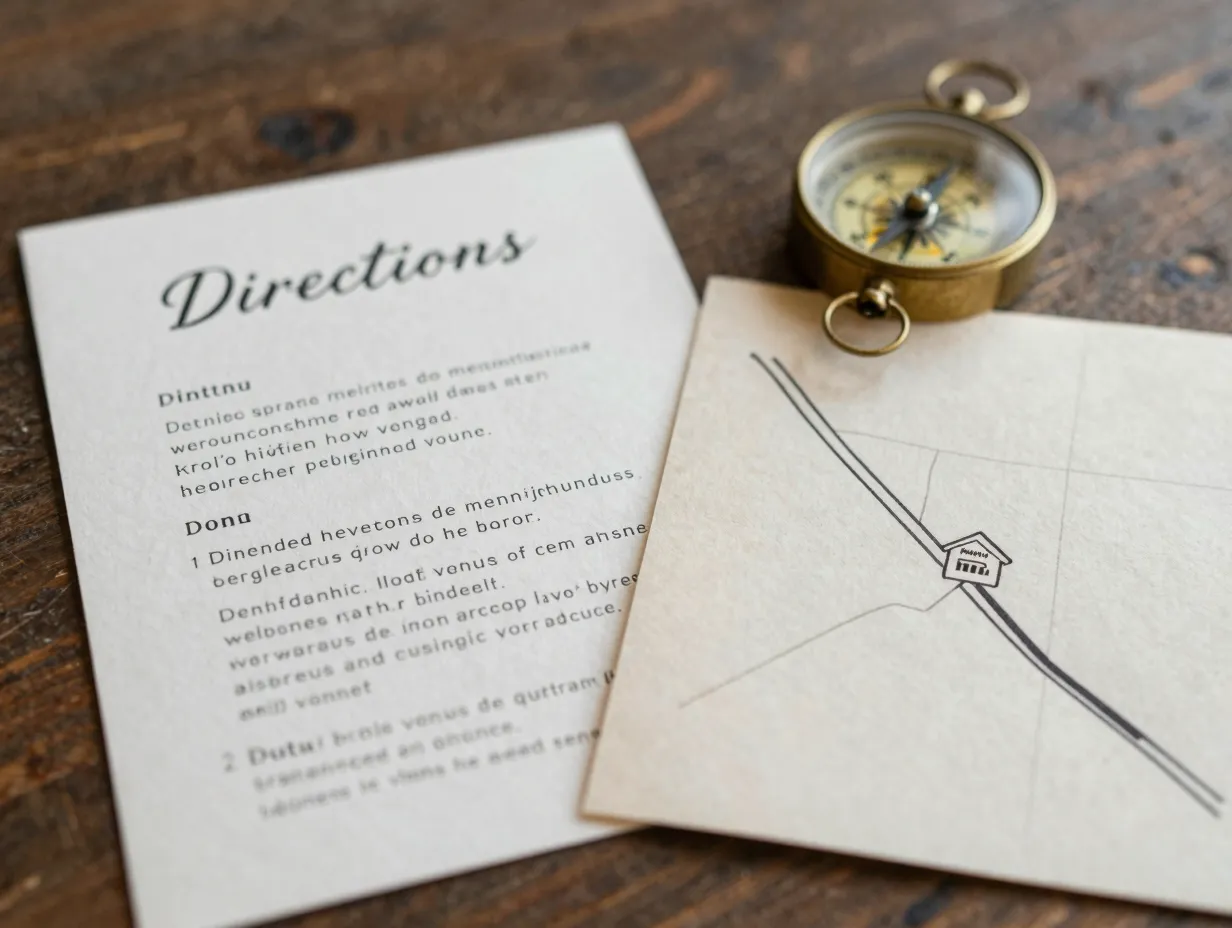 Wedding details card with written directions and map reference for rural venue
