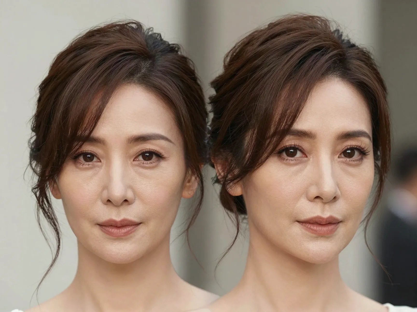 Airy volume low bun with thick front pieces framing face