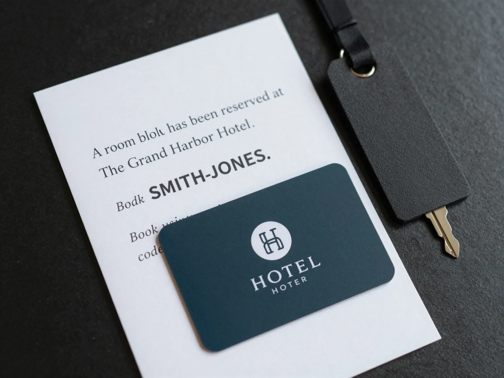 Hotel room block information on a wedding details card with booking code