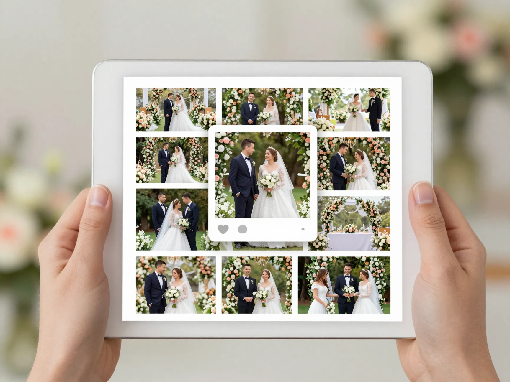 Interactive wedding photo gallery grid on a tablet screen