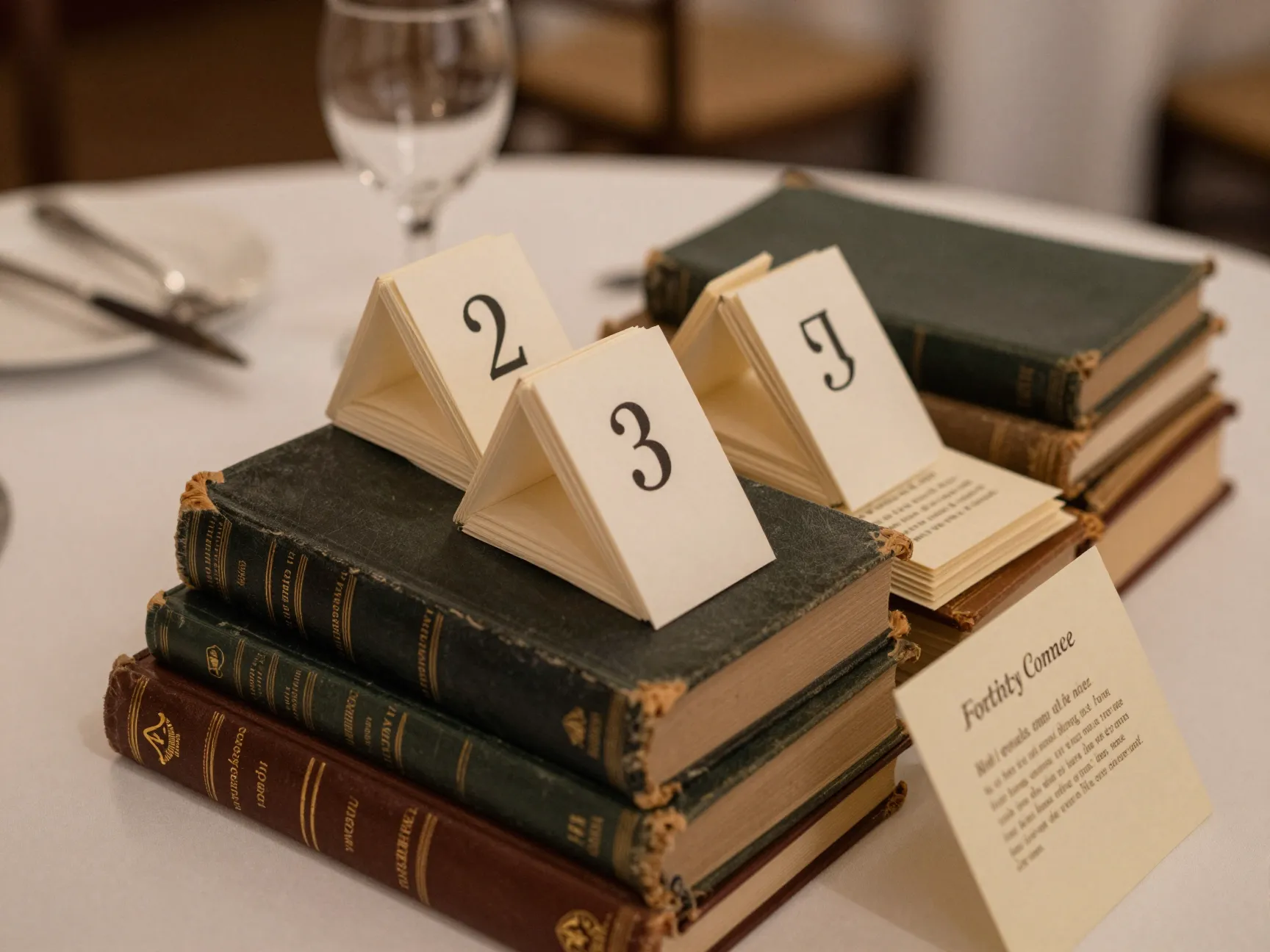 Vintage books literary wedding table markers numbered bookmark stacks