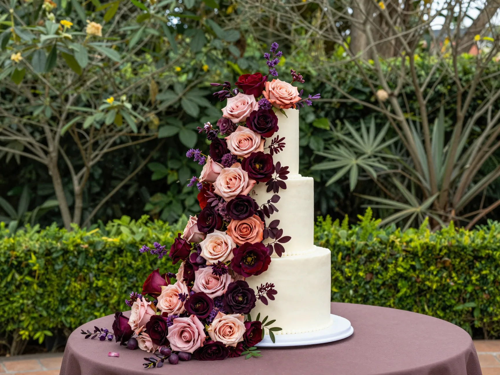 Statement floral cascade outdoor garden wedding cake