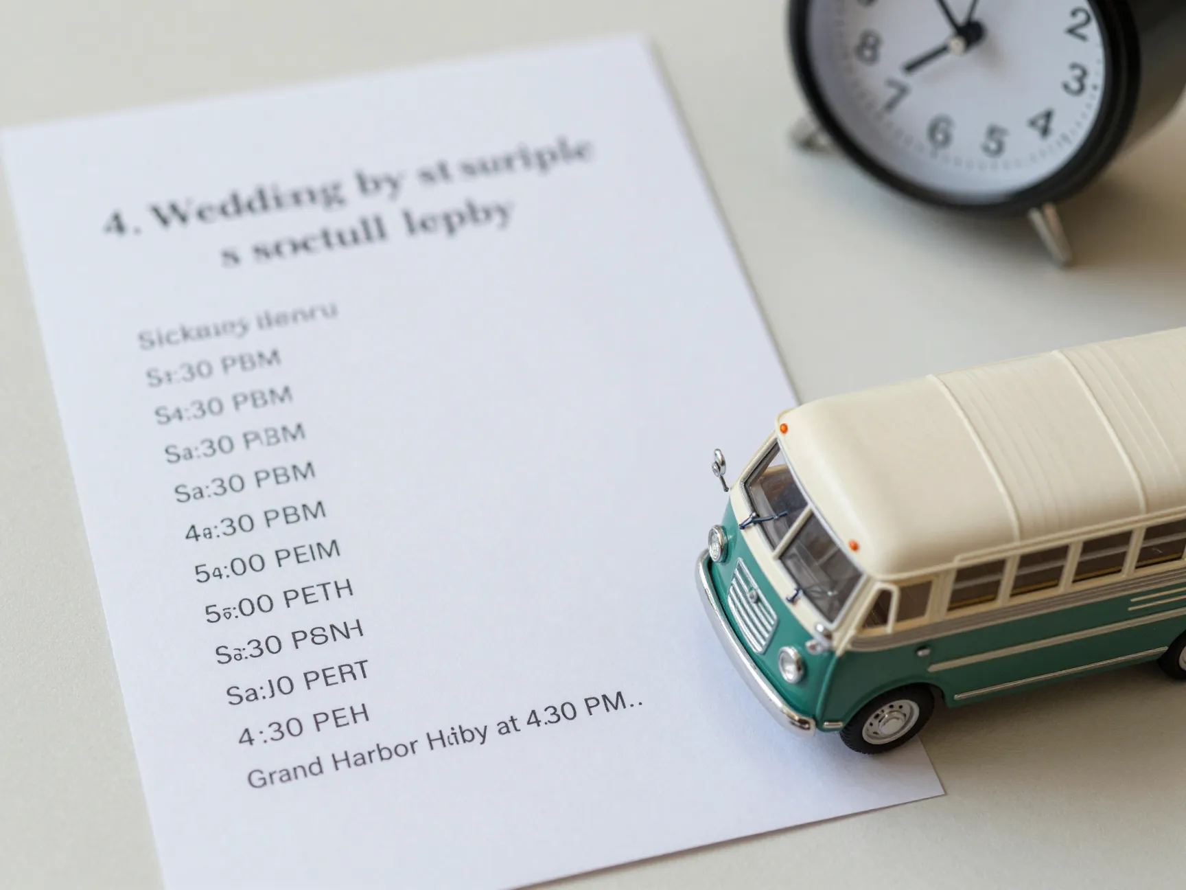 Wedding shuttle schedule details card with pickup times and hotel location