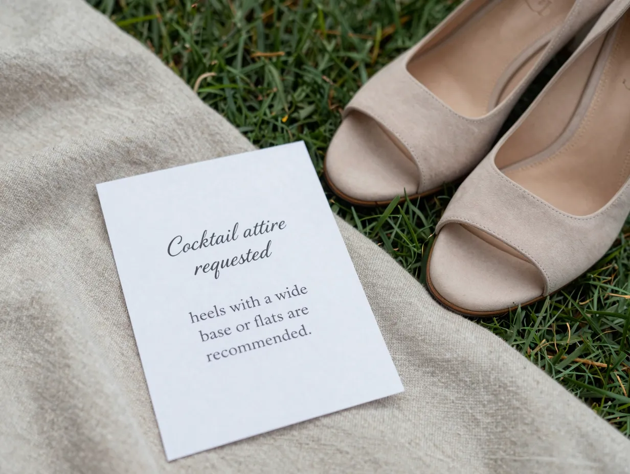 Cocktail attire dress code details card with footwear recommendation on grass