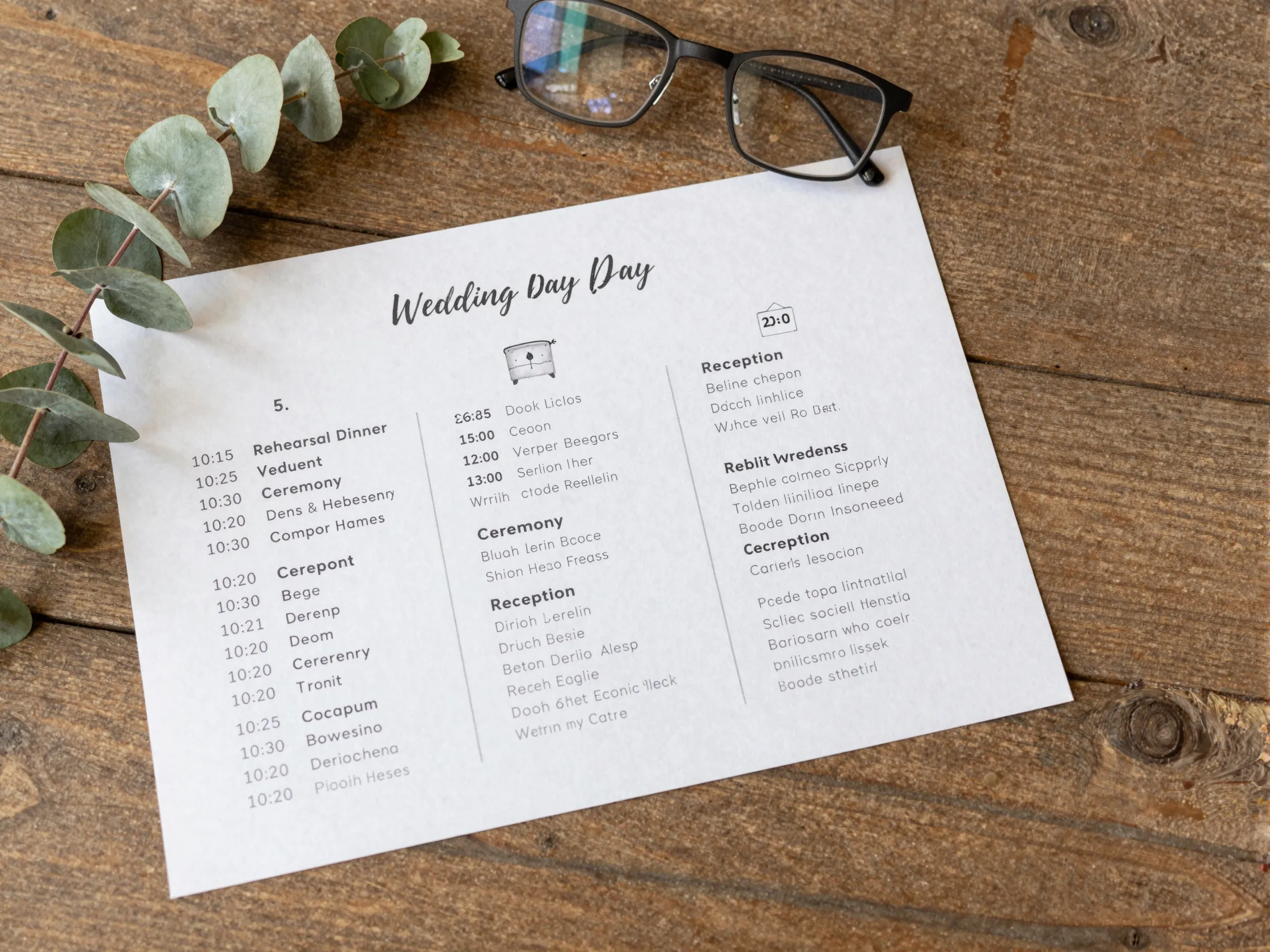 Detailed printed wedding day schedule with timeline graphics