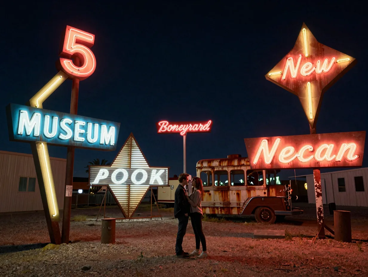 Neon museum boneyard vintage glowing signs artistic atmosphere