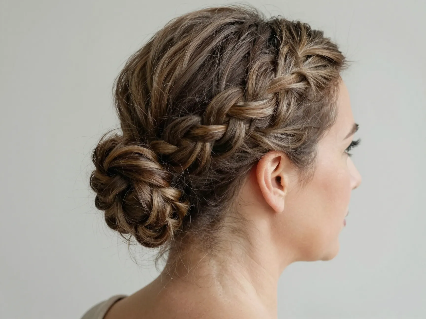 Adaptable braided updo with roughened texture on short hair