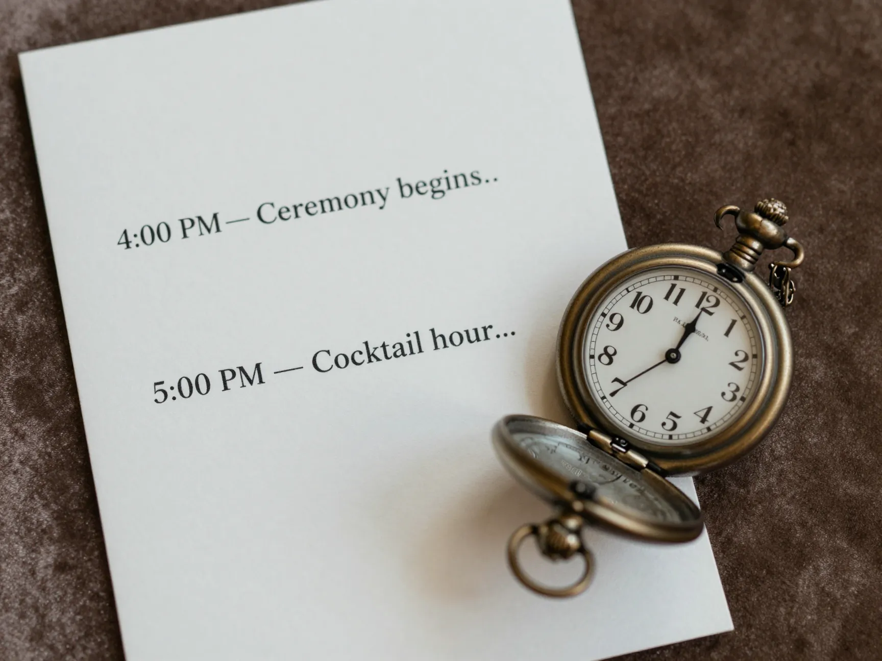 Day of wedding itinerary timeline details card with ceremony and reception times