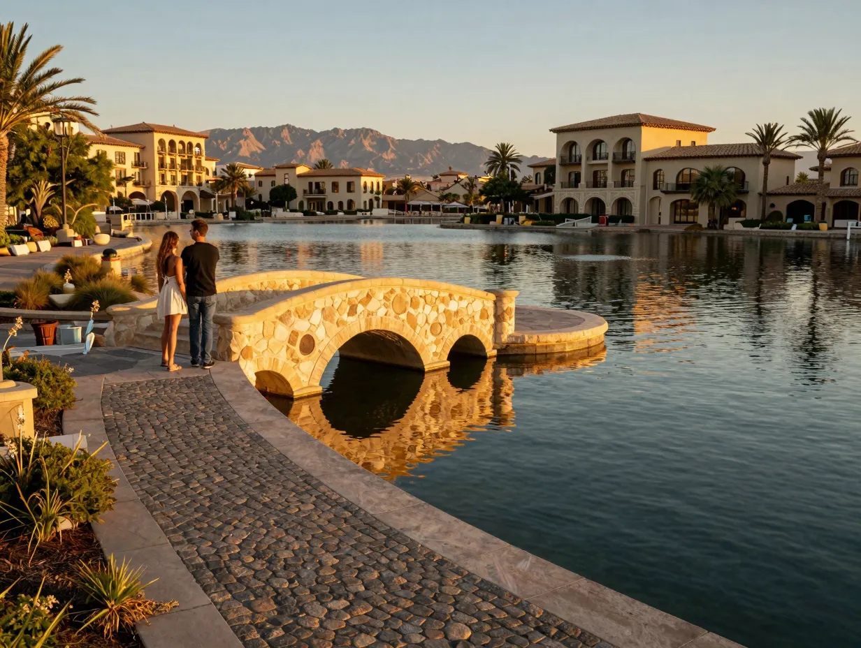 Lake las vegas waterfront promenade with arched stone bridge reflections