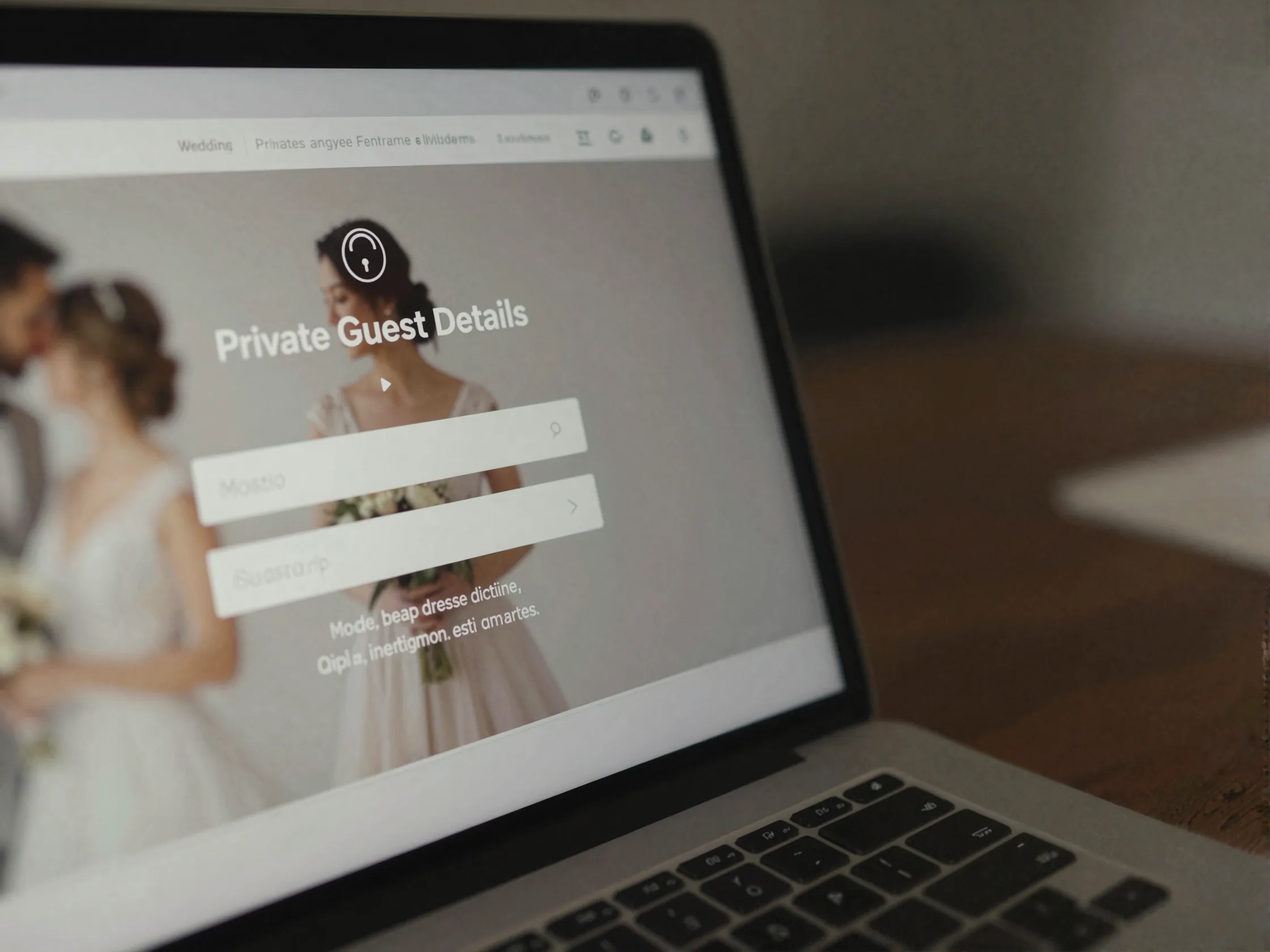 Laptop showing password prompt for private wedding details page
