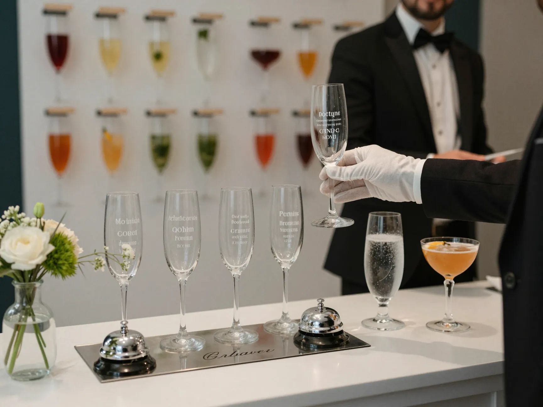 Personalized cocktail glasses wedding seating assignment bell station