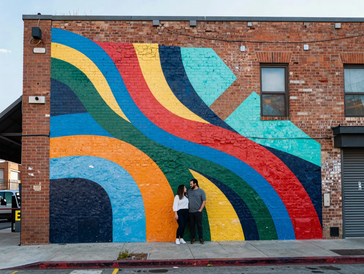 Arts district colorful mural on brick wall urban creative backdrop
