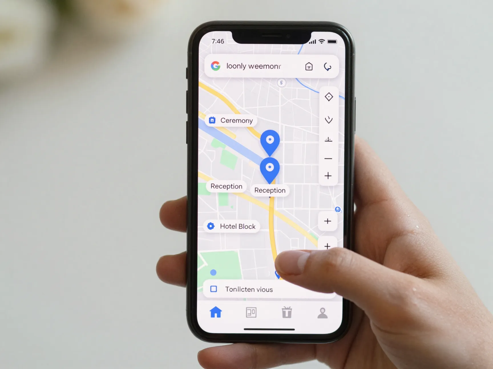Smartphone showing interactive wedding venue map with pins