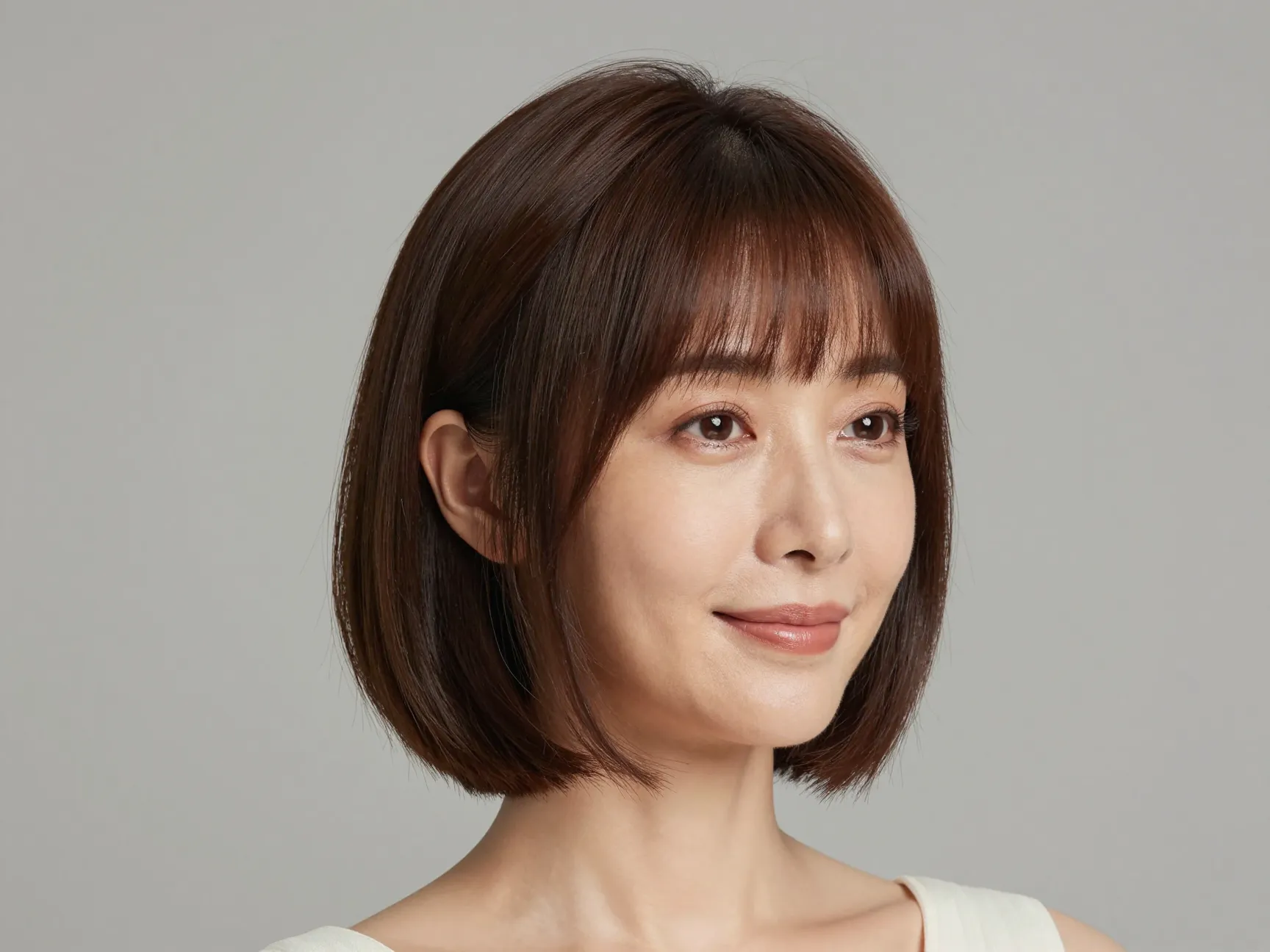 Soft graduated bob with bangs tucked behind ear