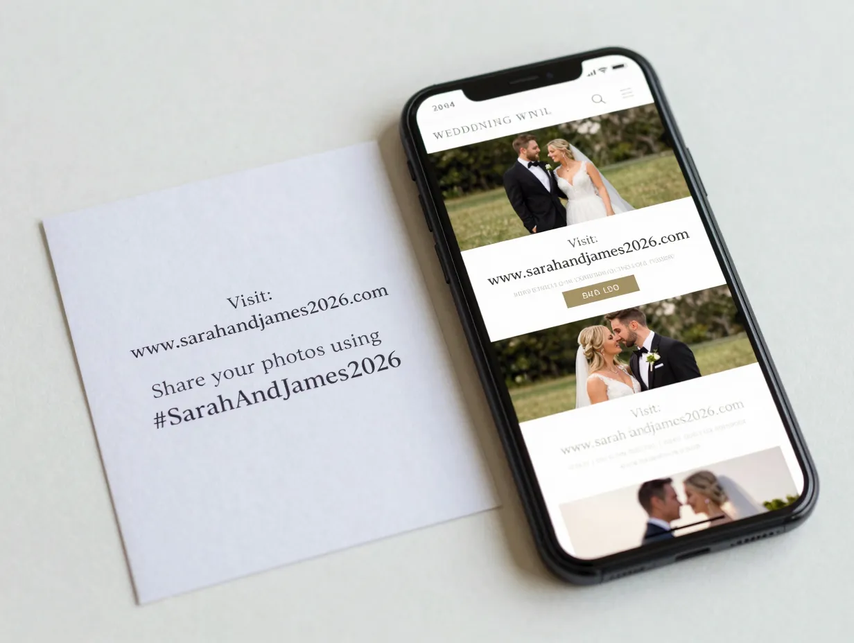 Wedding website url and social media hashtag details card with smartphone