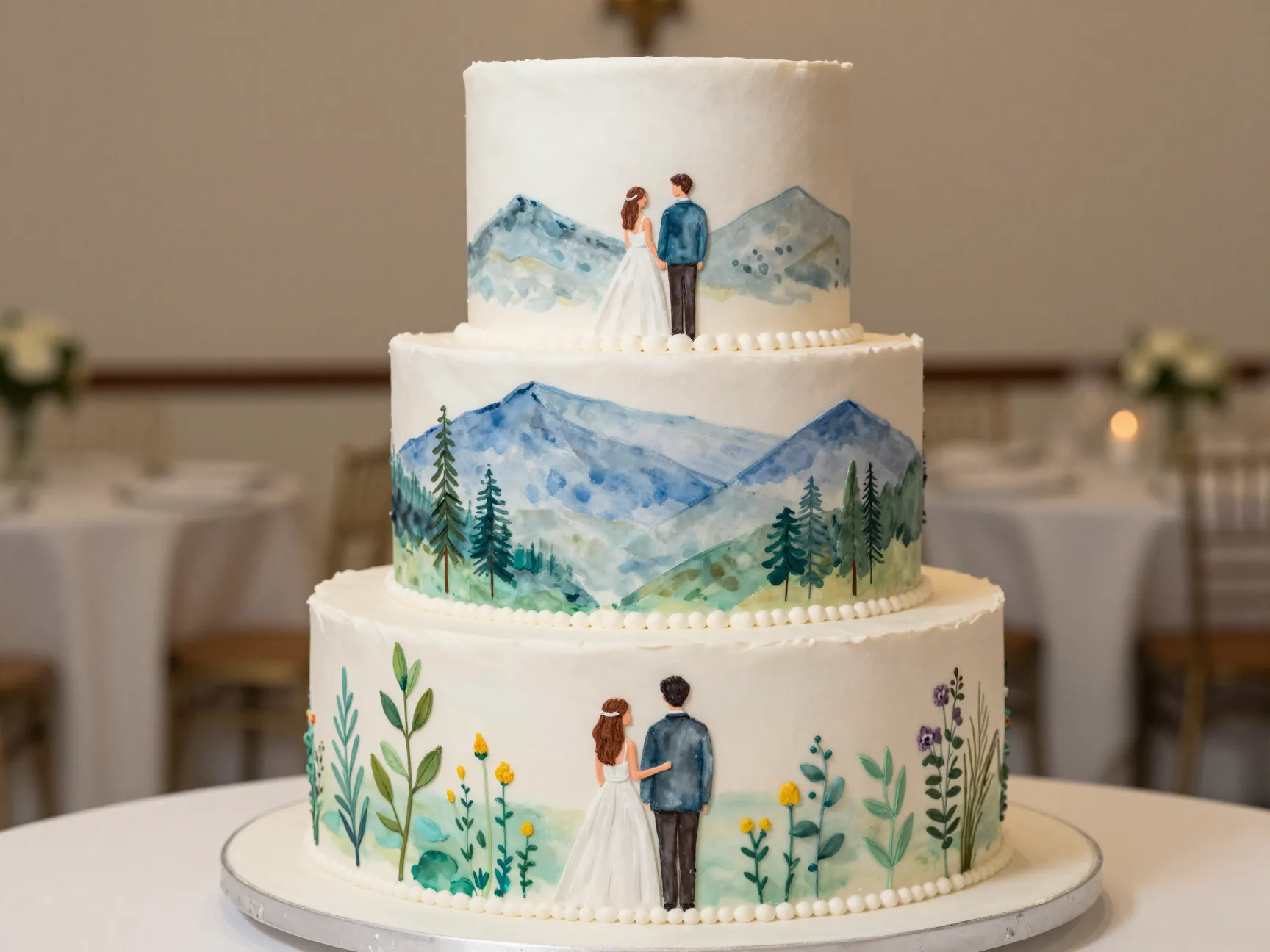 Hand painted storytelling destination wedding cake
