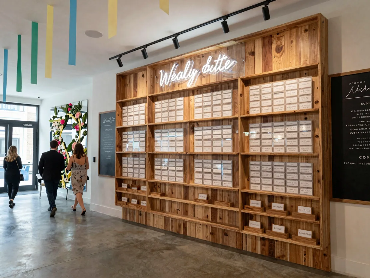 Oversized seating chart installation hand built wooden wall art