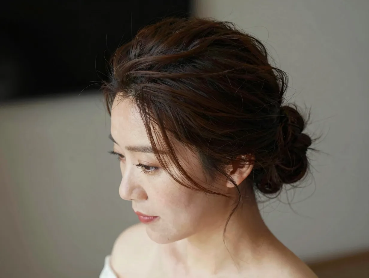 Swept up low bun sophistication with loose face tendrils