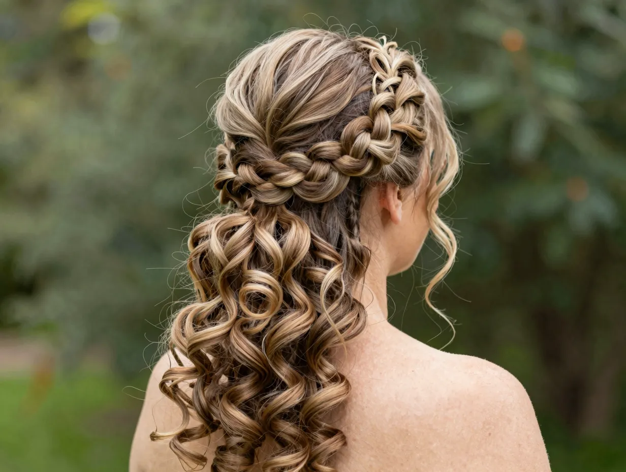 Crown braids and stacked curls for romantic garden wedding