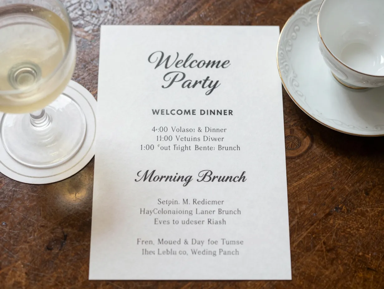 Multi day wedding weekend events details card with welcome dinner and brunch
