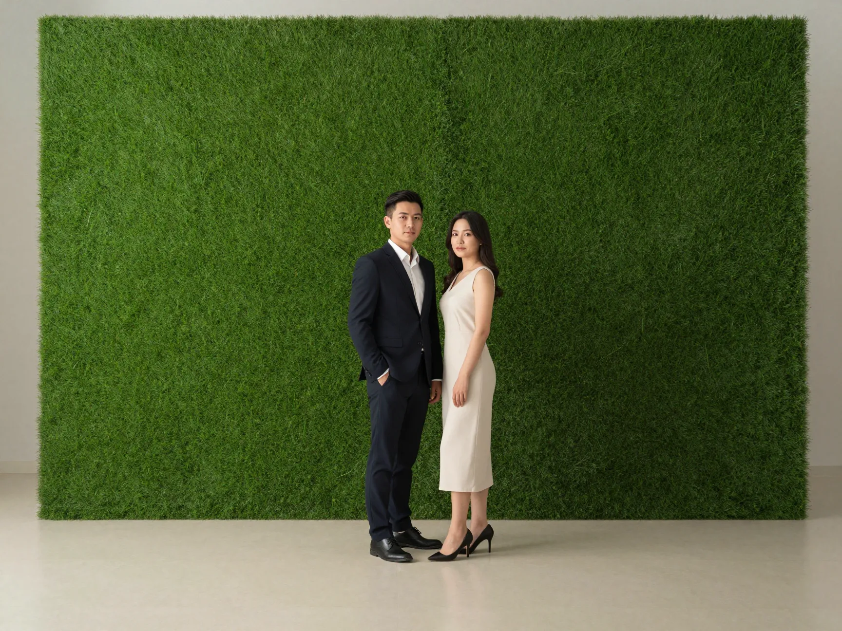 Studio grass wall backdrop with elegant couple polished controlled lighting