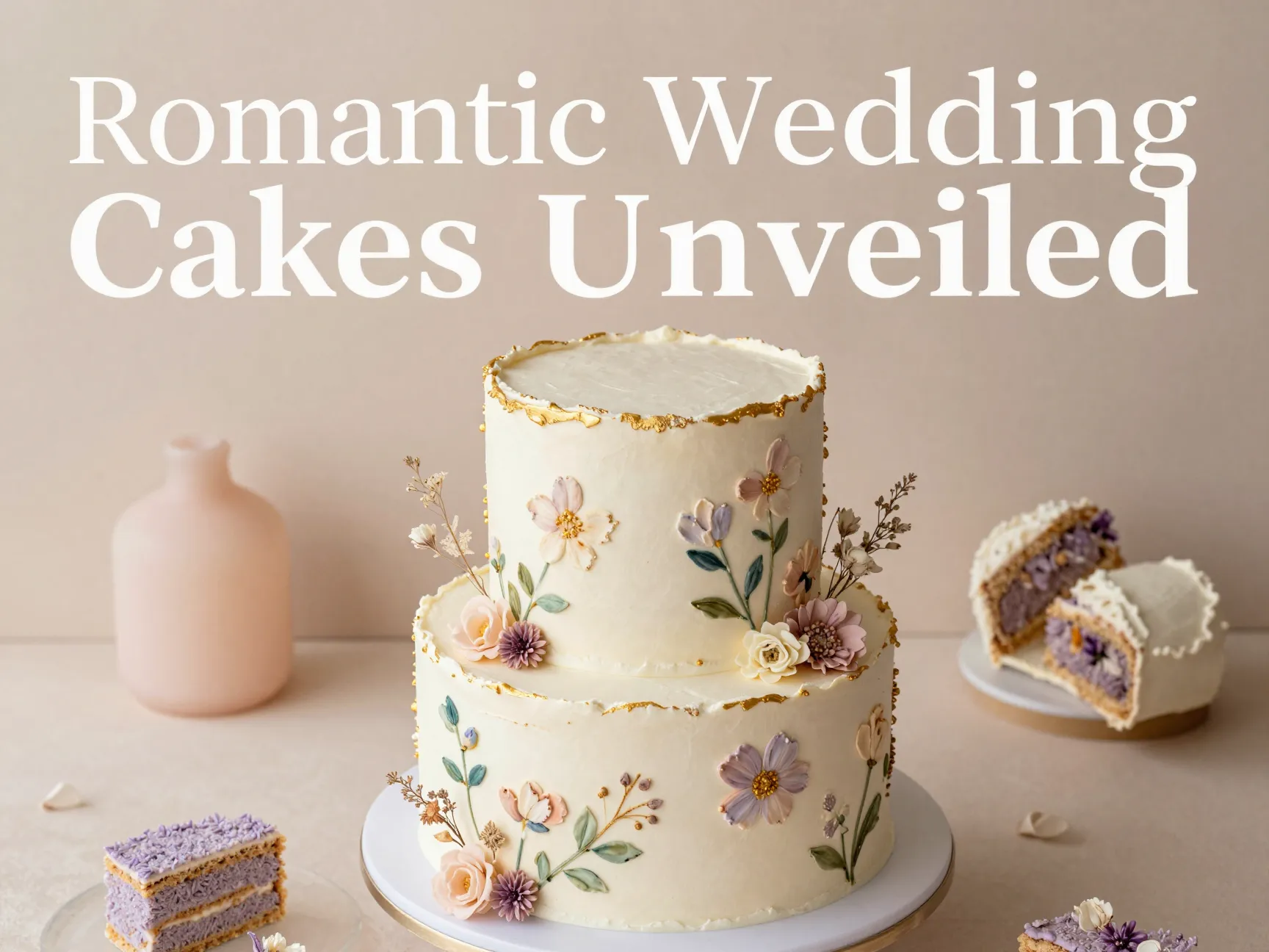 Handpainted floral tiered cake gold leaf botanical slice flatlay