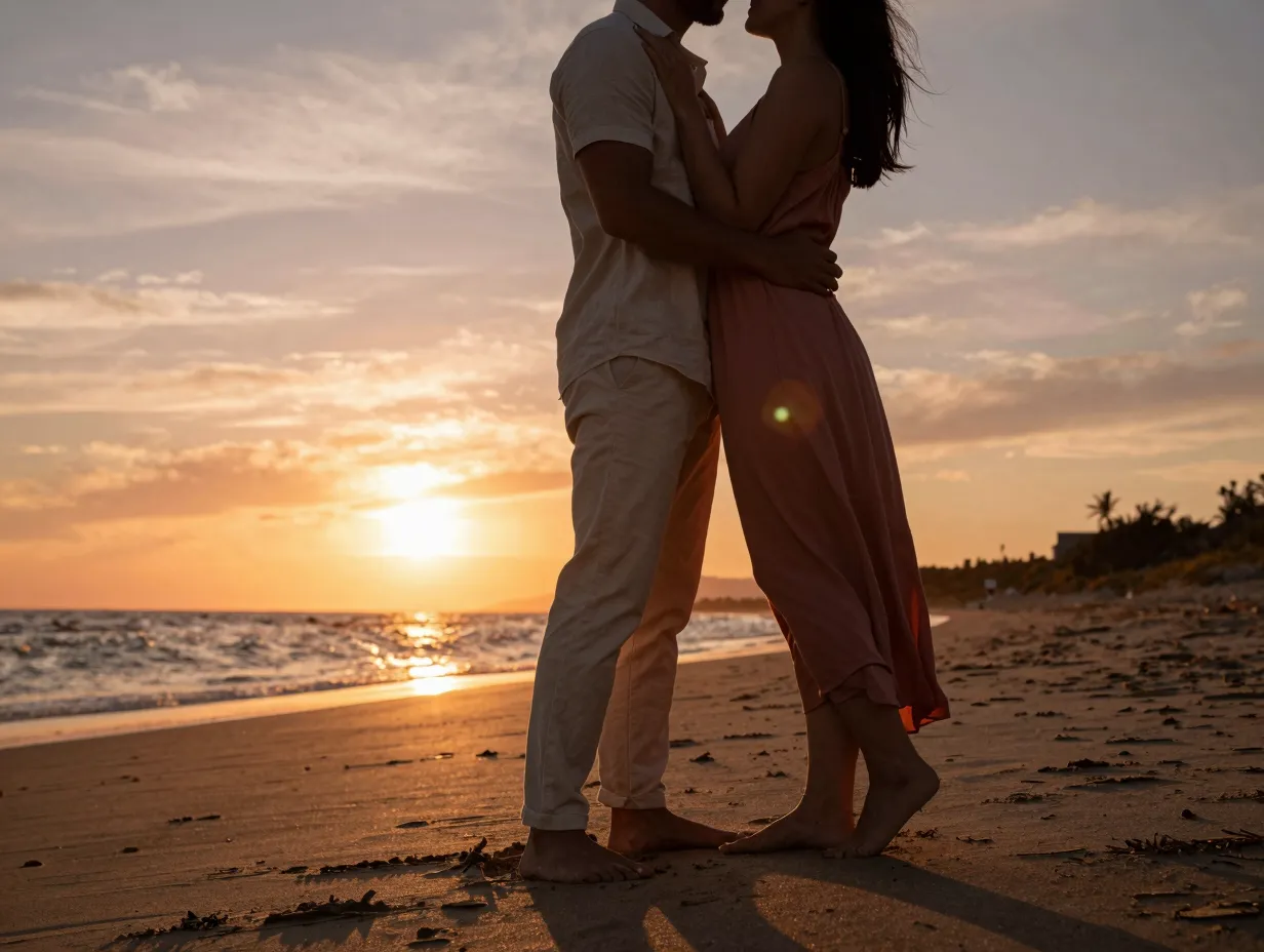 Couple embracing during sunset golden hour on warm sandy beach