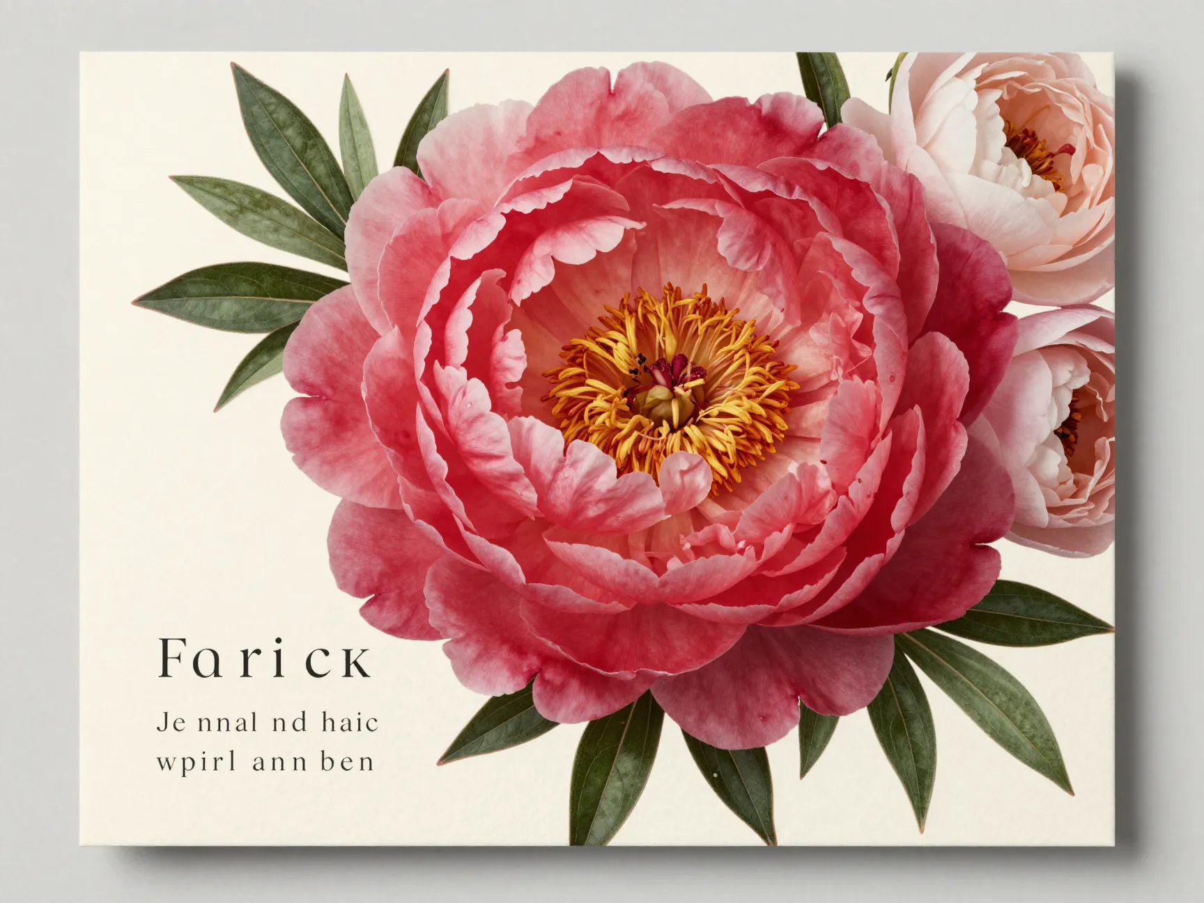 Oversized peony floral invitation on cream card with minimal typeface