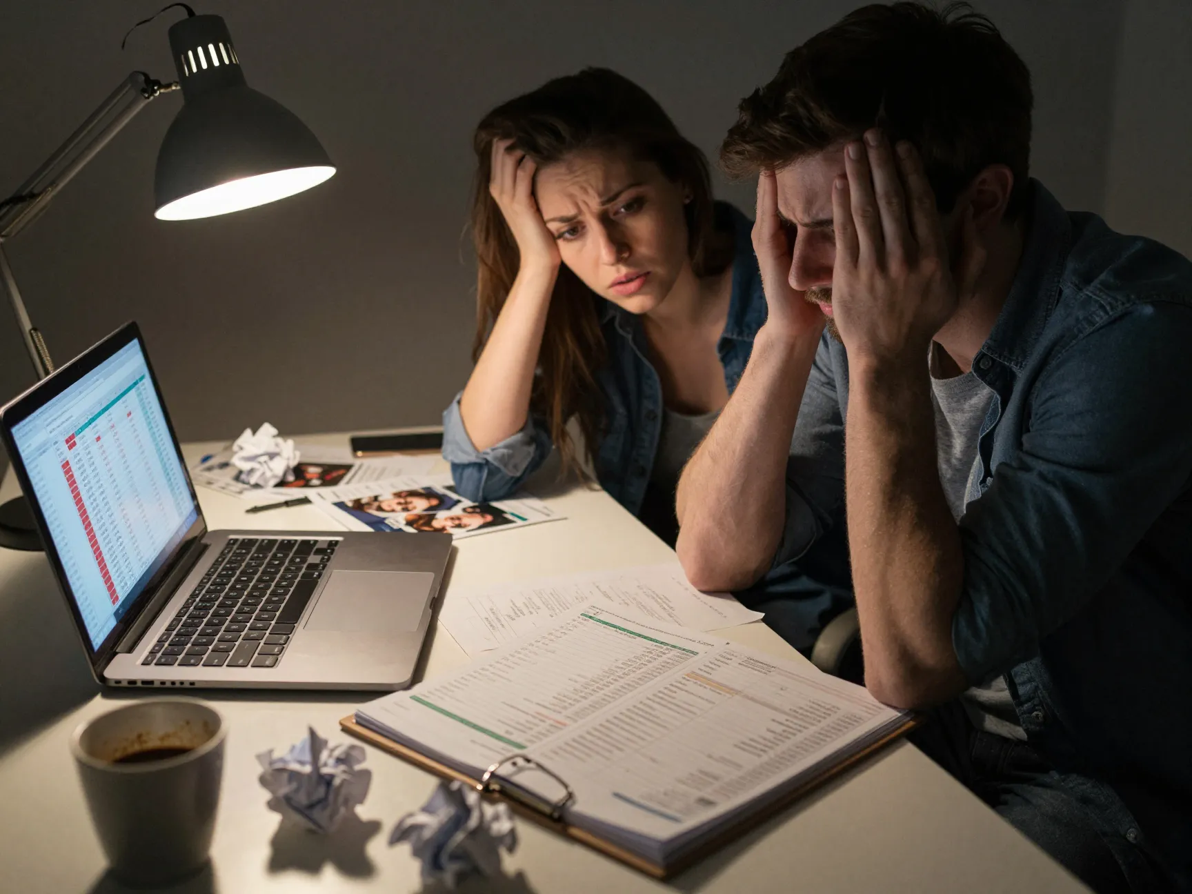 Overwhelmed couple staring at chaotic budget spreadsheet and laptop screen late at night