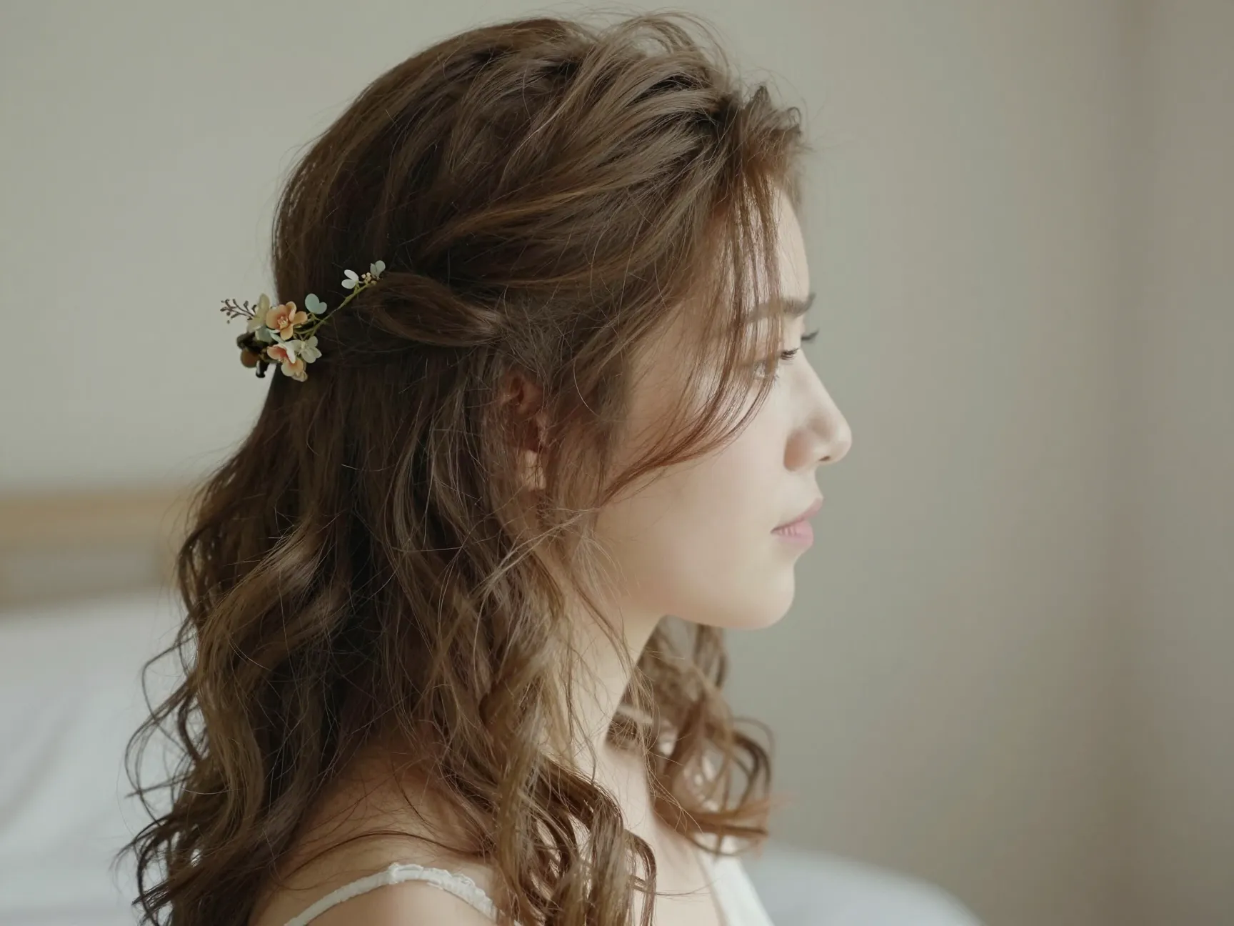 Soft natural romantic waves with floral clip and face framing tendrils